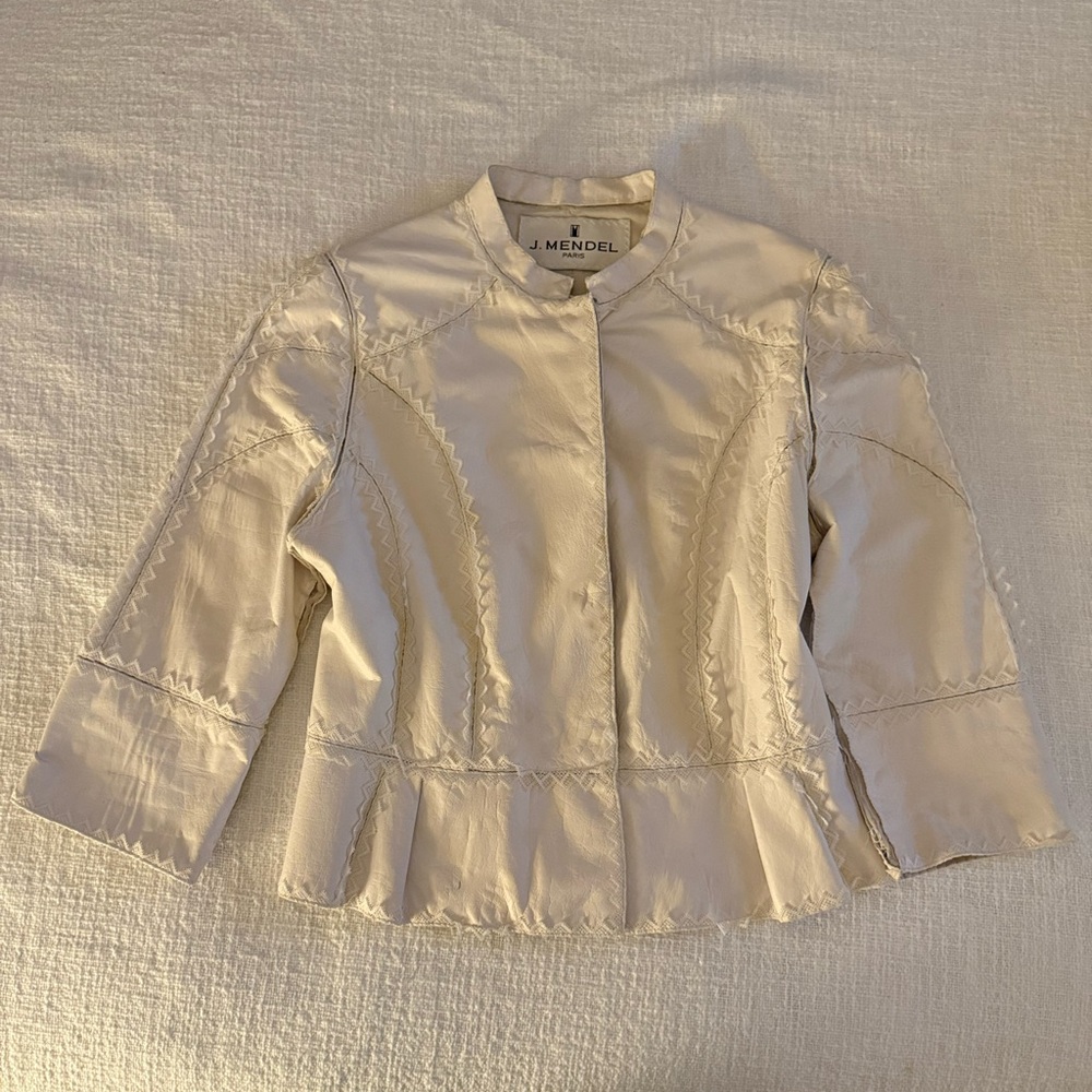 Vintage J. Mendel Cream White Tailored Leather Lace Crop Mandarin Collar Jacket - Picture 6 of 7